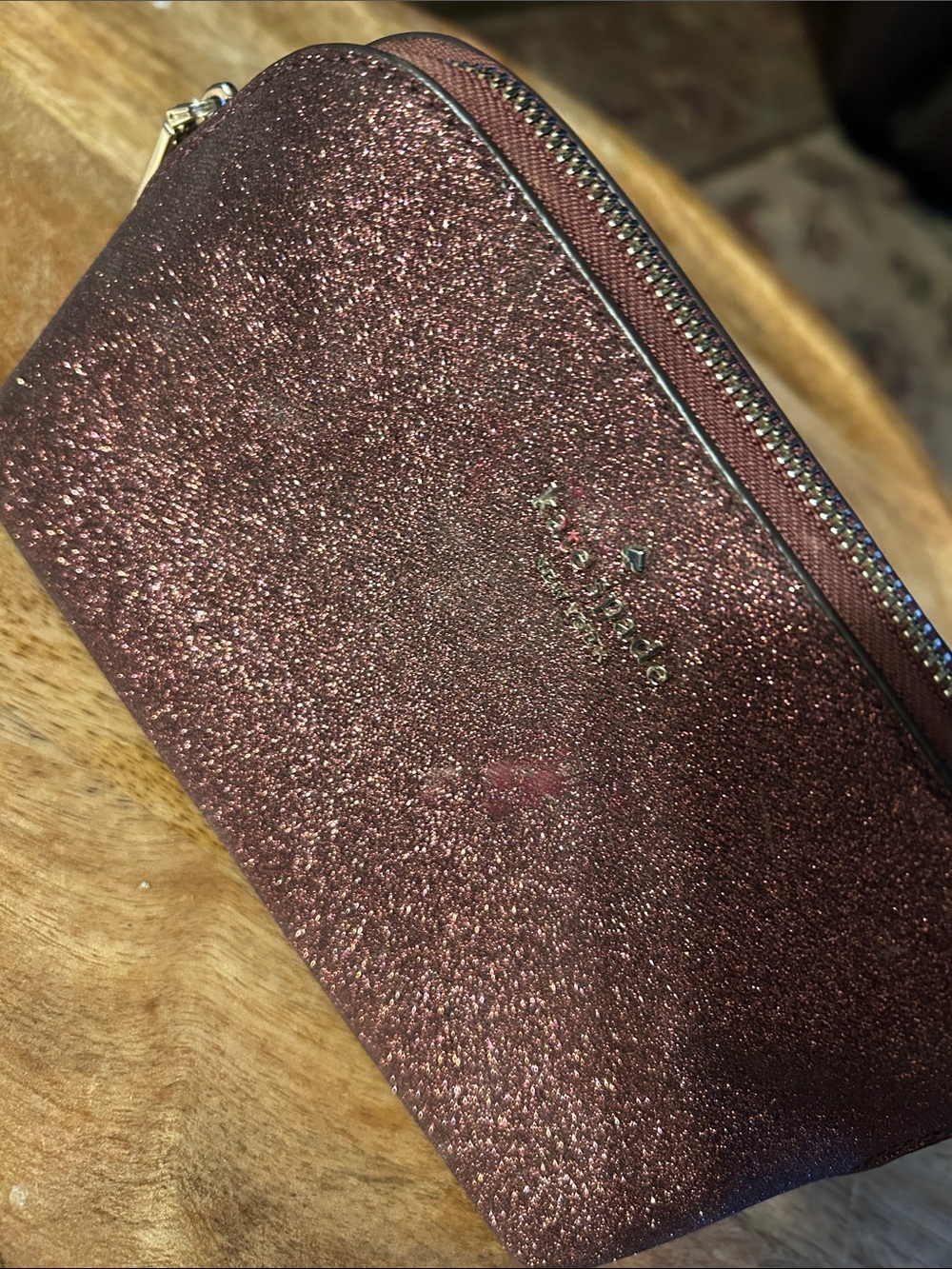 kate spade Glitter Zip Cosmetic Pouch in Rose Bronze